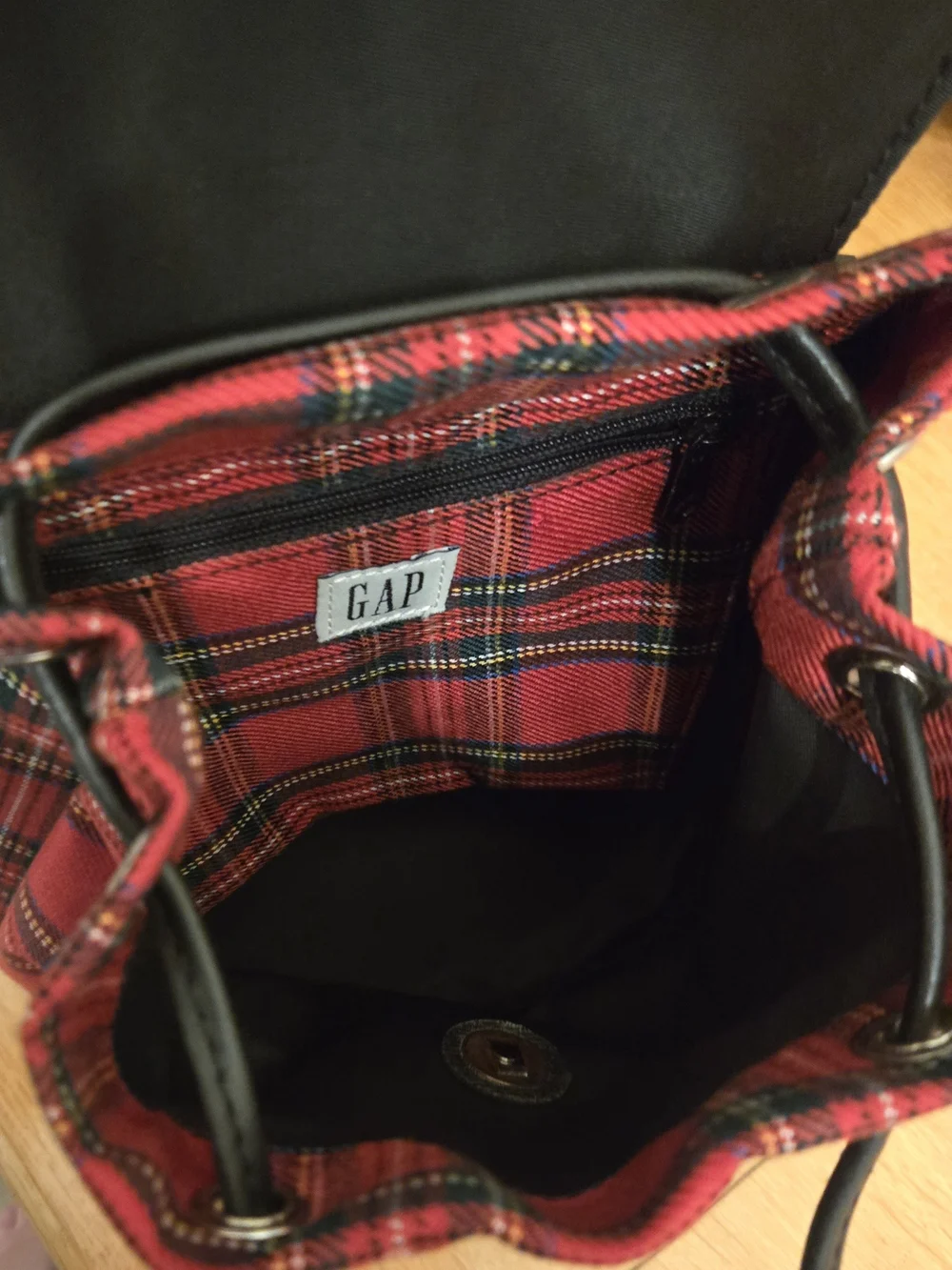 Vintage GAP Red Tartan Drawstring Bucket Bag with Black Accents
